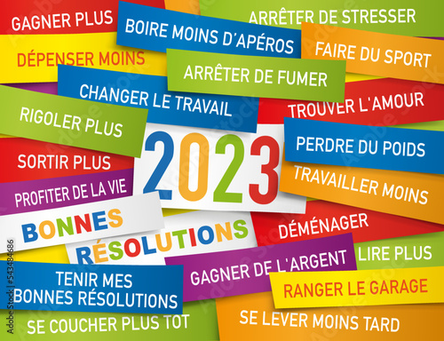 Carte de vœux 2023 présentant une liste de bonnes résolutions écrite sur des étiquettes de couleurs.