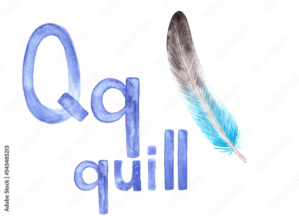 Aquarelle letter Q for written word "quill", pictured book, card for