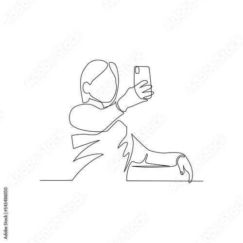 Vector illustration of a girl taking a selfie hand drawn in line art style