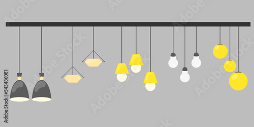 Set of ceiling lights. Bulb hanging on a rope. Indoor illumination. Vector isolated lamps set. 