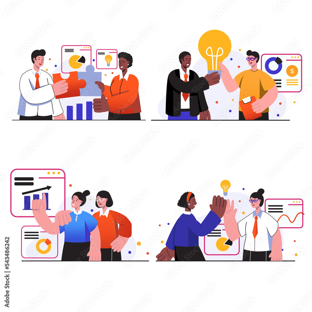 Teamwork concept scenes set. People work together in team, brainstorm, create ideas, implement improvements in business startup, collaboration. Illustration collection in trendy flat design Teamwork concept scenes set. People work together in team, brainstorm, create ideas, implement improvements in business startup, collaboration. Illustration collection in trendy flat design