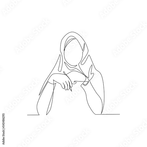 Vector illustration of a woman holding a pencil drawn in line-art style