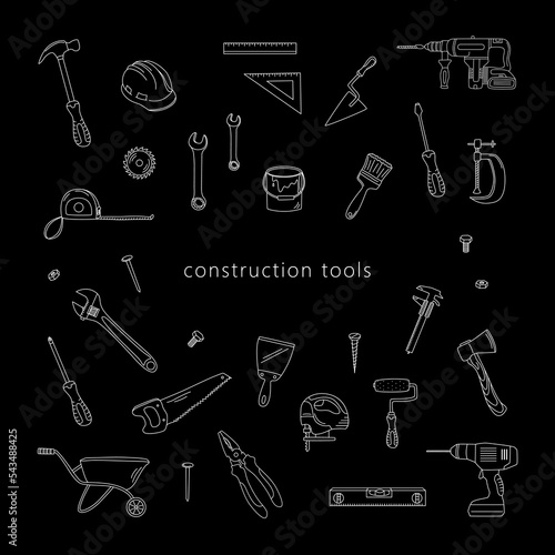 Construction tools. Outline hand drawn elements. The concept of home renovation, construction.