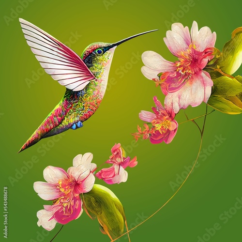 Digital illustration of a colorful bright flying hummingbird on a floral background