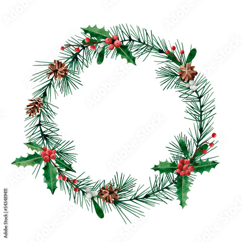 Watercolor hand drawn illustration of a Christmas pine wreath with berries, cones, and leaves. Isolated on white background.
