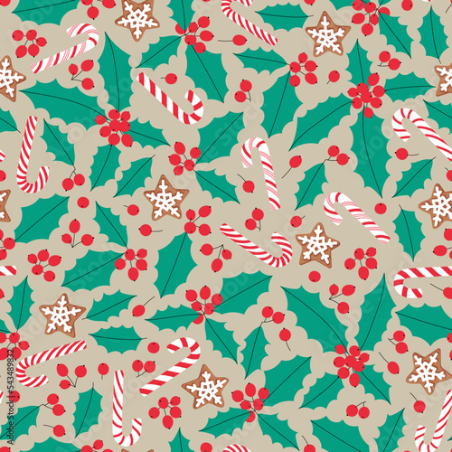 Gingerbread stars with candy canes and holly leaves and berries on beige background. Seamless vector pattern for new year's day. Christmas holidays, cooking, new year's eve background.