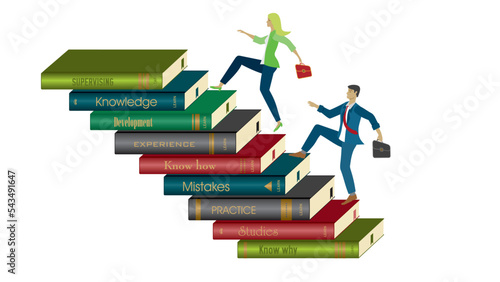 Man and woman running in stair of books. Isolated on white. Vector illustration.