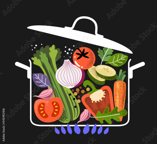 Food cooking ingredients in saucepan. Large pot of soup