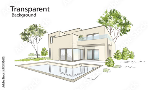 Architectural project exklusive detached house. Vector illustration on transparent background.
