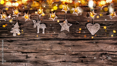 Christmas Still Life with Old Wooden Background and Snowflakes Falling
