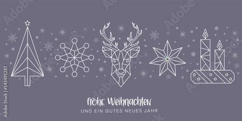 Frohe Weihnachten mit Stern Kerzen Rentier und Weihnachtsbaum - Grußkarte mit Ornamneten auf blaugrauem Hintergrund. Deutscher Text