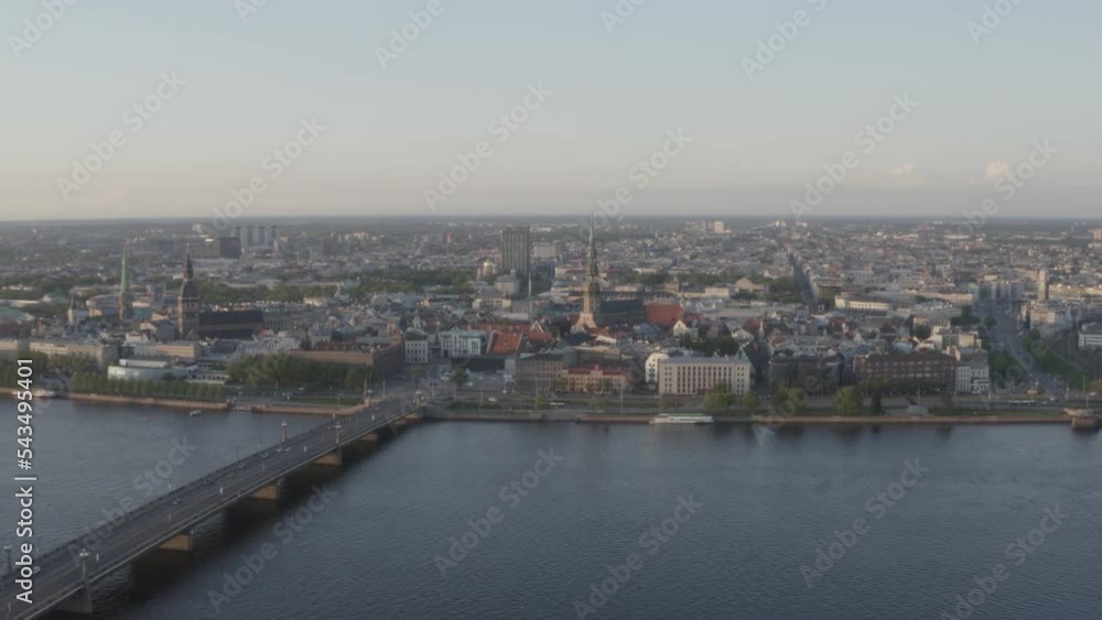 Riga Stone bridge the drone flies along the bridge towards the center Riga Stone bridge the drone flies along the bridge towards the center
