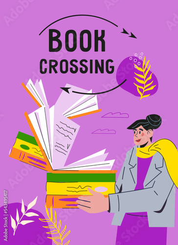 Sharing and exchanging books reuse eco-friendly initiative, flat vector illustration. BookCrossing participate banner or poster concept with cartoon character.