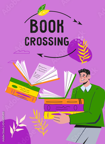 Book crossing banner or poster concept. Sharing and exchanging books reuse eco-friendly initiative, flat vector illustration. BookCrossing participate.