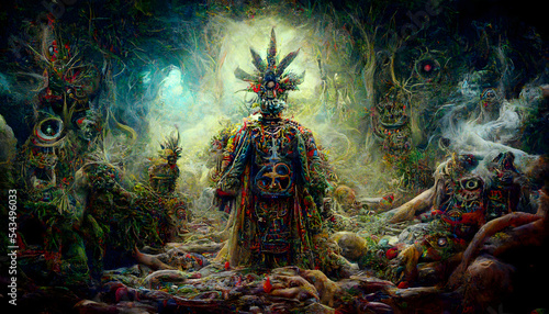 fantastic hallucinating ancient shaman surrounded with fumes and smoke, neural network generated art. Digitally generated image. Not based on any actual scene or pattern.