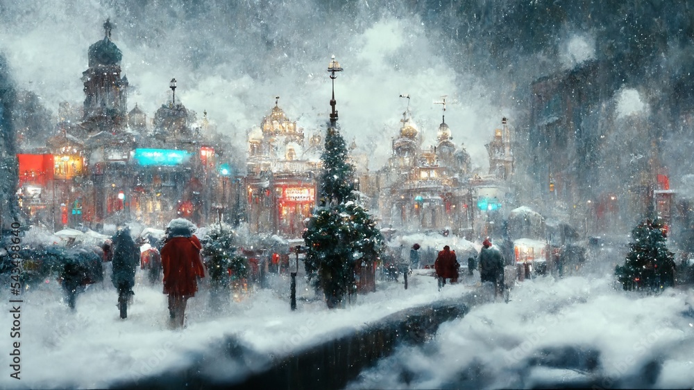 Snowy Christmas streets on Blurred background, buildings and vehicles Illustration