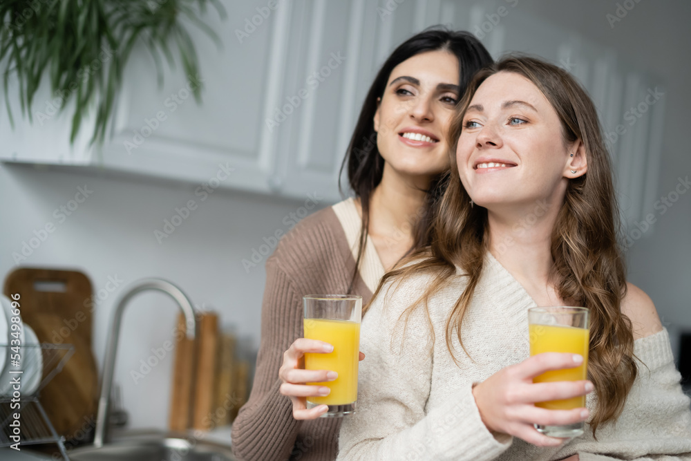 Smiling same sex couple holding glasses of orange juice in kitchen Smiling same sex couple holding glasses of orange juice in kitchen