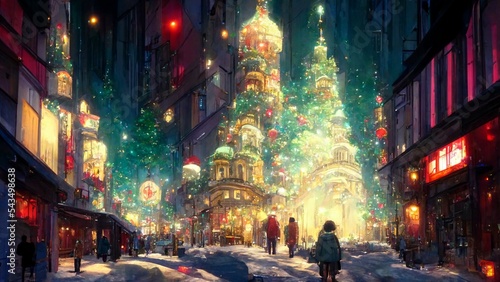 Fantastic Christmas Cityscape, Beautiful Abstract Illustration on Blurred background