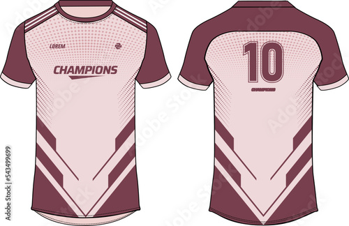 Sports jersey t shirt design concept vector template, abstract geometric printed Round neck football jersey concept with front and back view for gaming, soccer, Volleyball and e-sport uniform