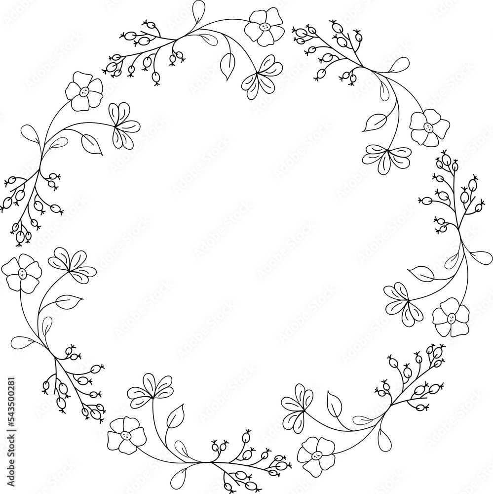 Decorative frame, wreath with flowers outline Decorative frame, wreath with flowers outline