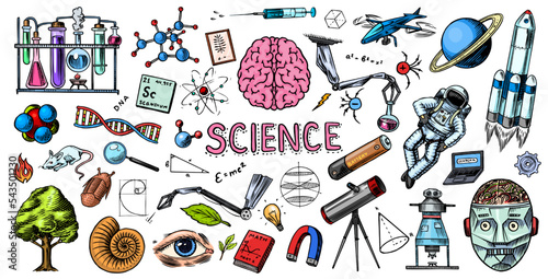 Science banner. Engraved hand drawn in old sketch and vintage style. Astronaut and rocket. Scientific formulas and calculations in physics and mathematics and biology or astronomy on whiteboard.