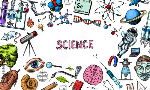 Science banner. Engraved hand drawn in old sketch and vintage style. Astronaut and rocket. Scientific formulas and calculations in physics and mathematics and biology or astronomy on whiteboard.