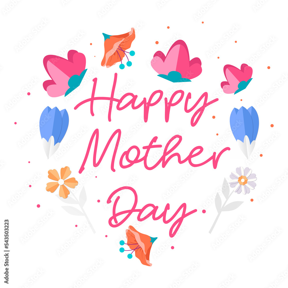 Mother's Day Greeting Card. Vector Banner with Heart. Symbol of Love and Calligraphy Text on White Background | Happy Mothers Day Banner Design | Mother Handwritten Calligraphy with Flowers and Leaves