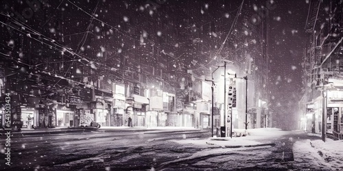 I am standing on a city street and it is winter evening. The air is cold and there is a light dusting of snow on the ground. I can see my breath in front of me. The streetlights cast an eerie