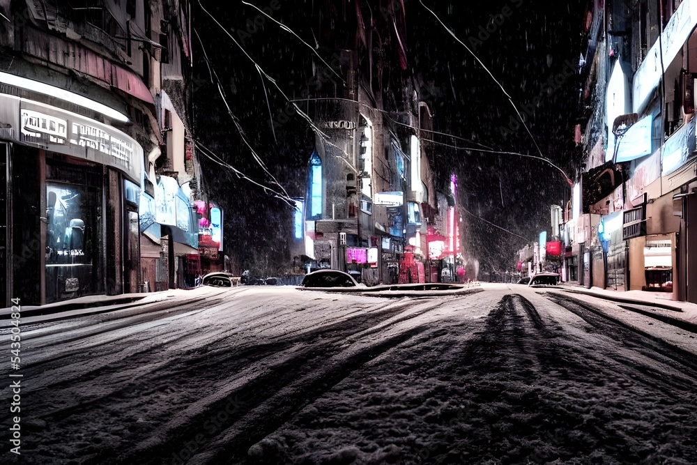 Obraz premium I am standing on a city street. It is winter evening, and the cold air bites at my skin. The street is empty, except for a few cars parked along the curb. The buildings loom overhead, their windows da