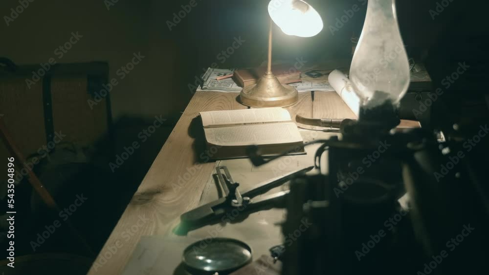 In the twilight, the table of an ancient archaeologist, explorer