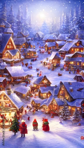 The winter christmas village is a scene of tranquil beauty. The snow-covered houses and shops are adorned with bright lights, wreaths, and garlands. People bustle about in the cold air, enjoying the f © dreamyart