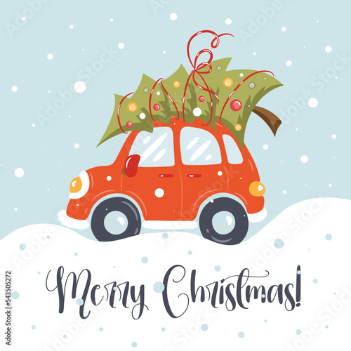 Cute red retro car with christmas tree on the roof. Merry christmas and happy new year greeting card, postcard, poster, banner, invitation design. Merry Christmas. Happy New Year. Vector illustration