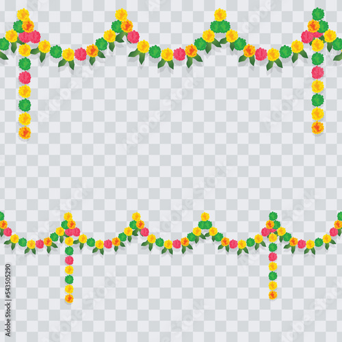 Indian floral garland with flowers and mango leaves on transparent background. Ugadi, Diwali, Ganesha festival pooja, wedding events, holiday decorations.