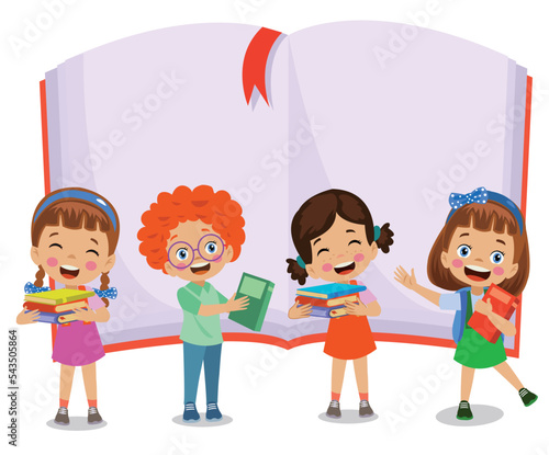 cute happy students reading books