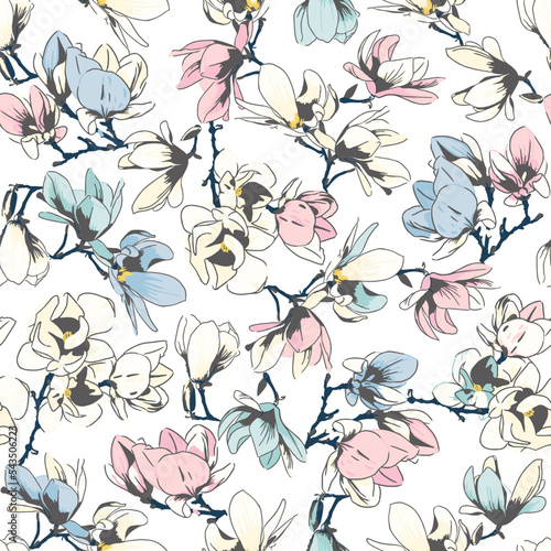 Floral seamless pattern of magnolias. Vector illustration on white background. Design of wallpaper, fabric and packaging. Textile composition, hand-drawn style print.
