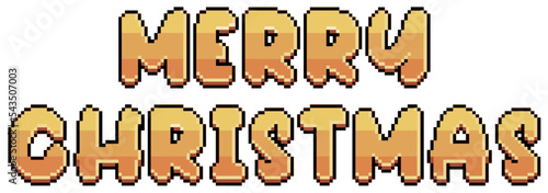 Pixel art golden merry christmas text vector icon for 8bit game on white background
