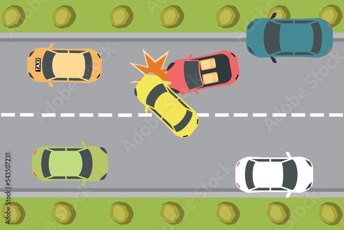 Car accident on highway top view. Road accident. Damaged transport. vector illustration