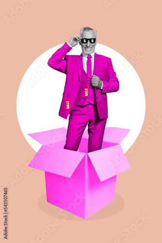 Vertical collage image of stylish grandfather stand inside carton box wear pink suit enjoy special offer isolated on drawing background