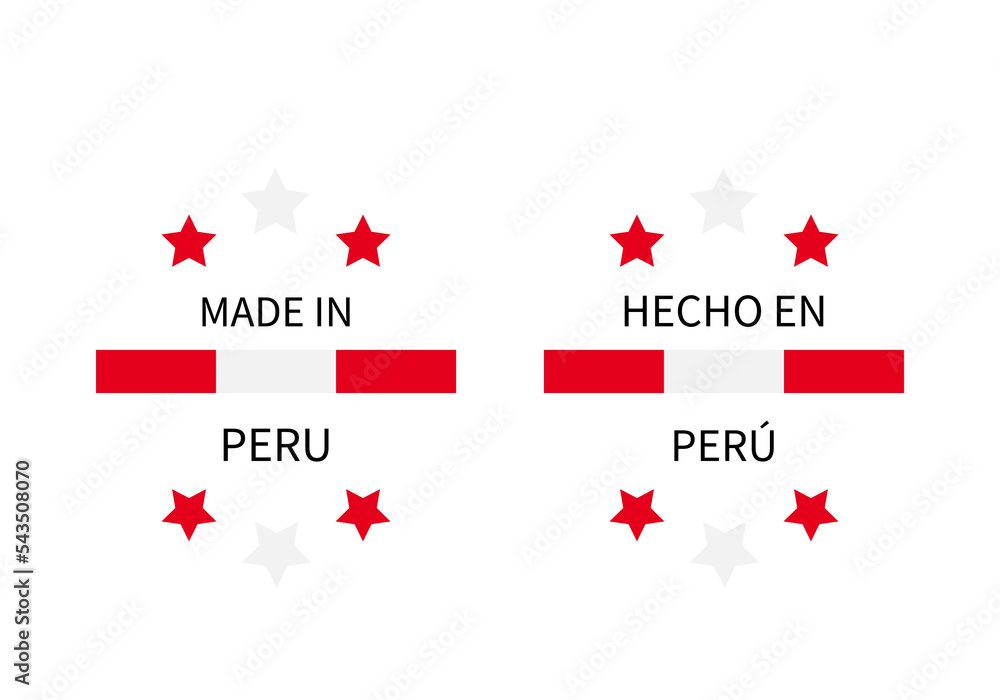 Made in Peru labels in English and in Spanish languages. Quality mark vector icon. Perfect for logo design, tags, badges, stickers, emblem, product package, etc