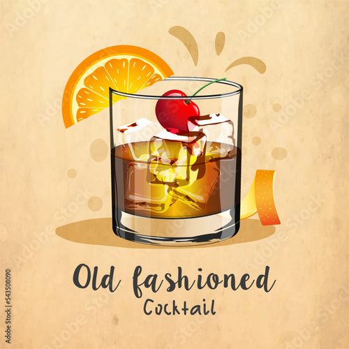 Old fashioned alcoholic drink in a glass goblet with ice cherry and orange on a paper background and a divorce with a title text and a splash