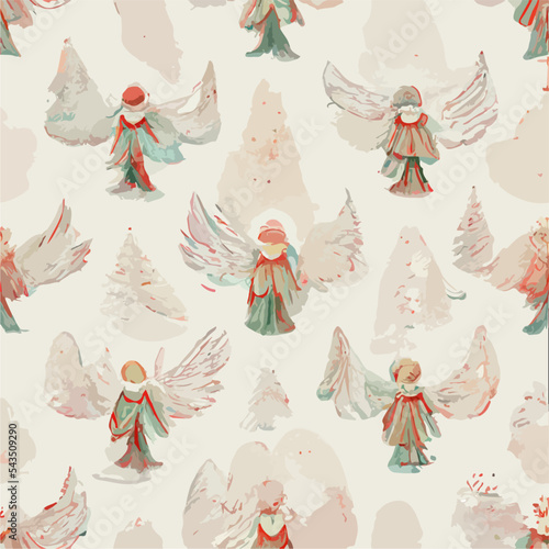 Seamless pattern christmas angels, aquarelle xmas flying angels endless pattern. New-year holidays