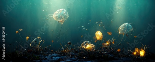 Fotografie, Tablou Beautiful underwater illustration with golden jellyfish, digital concept art