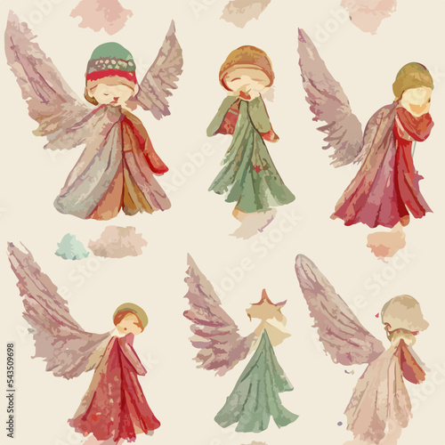 Seamless pattern christmas angels, aquarelle xmas flying angels endless pattern. Multicolor