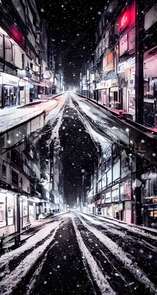 Obraz premium The pavement is covered in a layer of fresh snow, and the streetlights cast a warm glow over the scene. The windows of the buildings are all lit up, and people are hurrying home from work or heading o