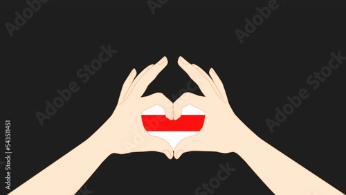 Motion graphics and animation. The drawn hands of a white man folded into a heart sign with the flag of New Belarus. White-red-white Pursuit photo