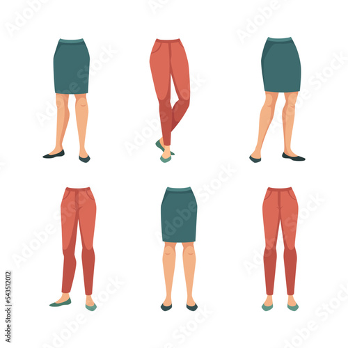 Woman Character Legs in Skirt and Pants as Constructor with Separated Body Part Vector Set