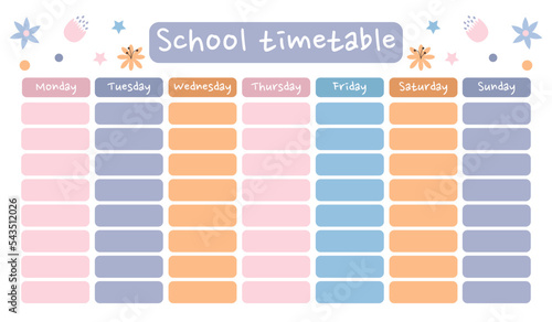Back to school timetable template vector. Lesson schedule.