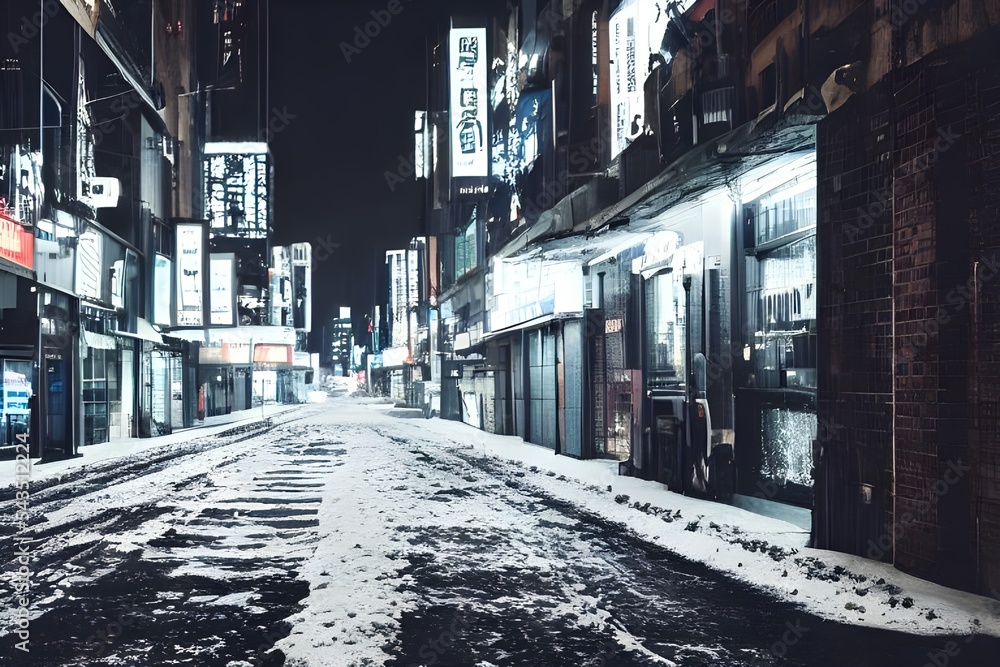 Obraz premium Cars hurry down the street, their tires sending up plumes of snow in their wake. The sidewalks are deserted except for a lone figure walking quickly, head down against the cold wind. A few windows in 
