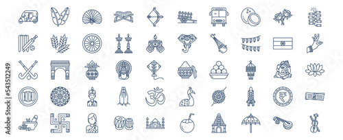 Collection of icons related to India country and culture, including icons like Banana Leaf, Coconut, Hokey, Elephant and more. vector illustrations, Pixel Perfect set
