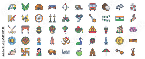 Collection of icons related to India country and culture, including icons like Banana Leaf, Coconut, Hokey, Elephant and more. vector illustrations, Pixel Perfect set
